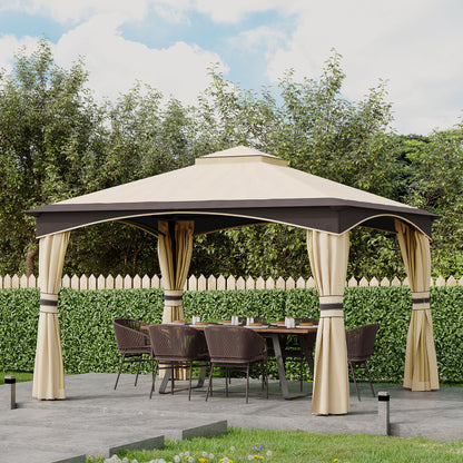 Outsunny 10' x 12' Patio Gazebo - Steel Frame, Beige & Brown Canopy