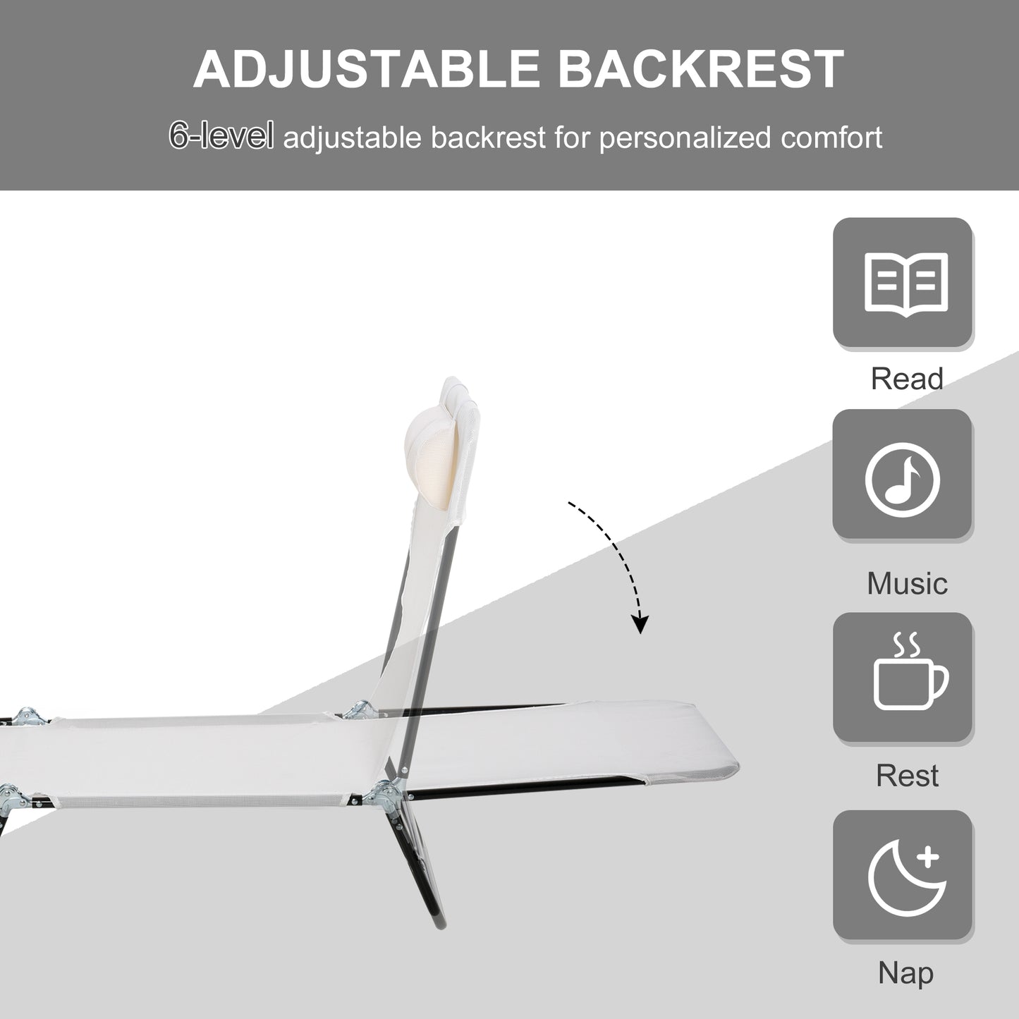 Cream White Steel Folding Chaise Lounge Chair - Outdoor Pool Sun Chair