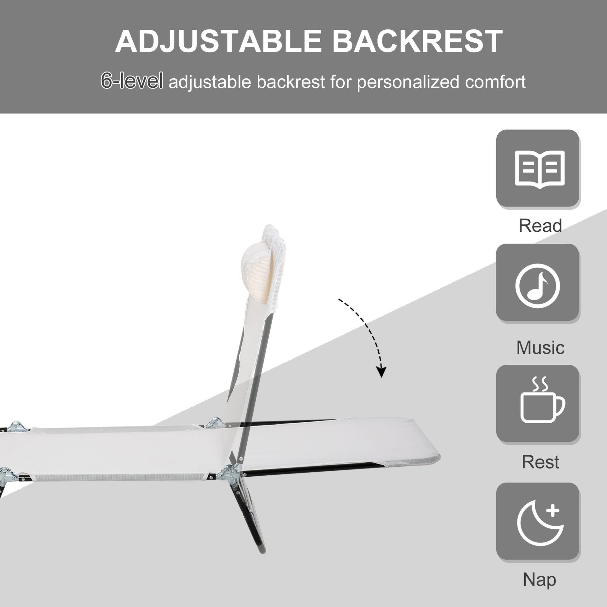 Cream White Steel Folding Chaise Lounge Chair - Outdoor Pool Sun Chair