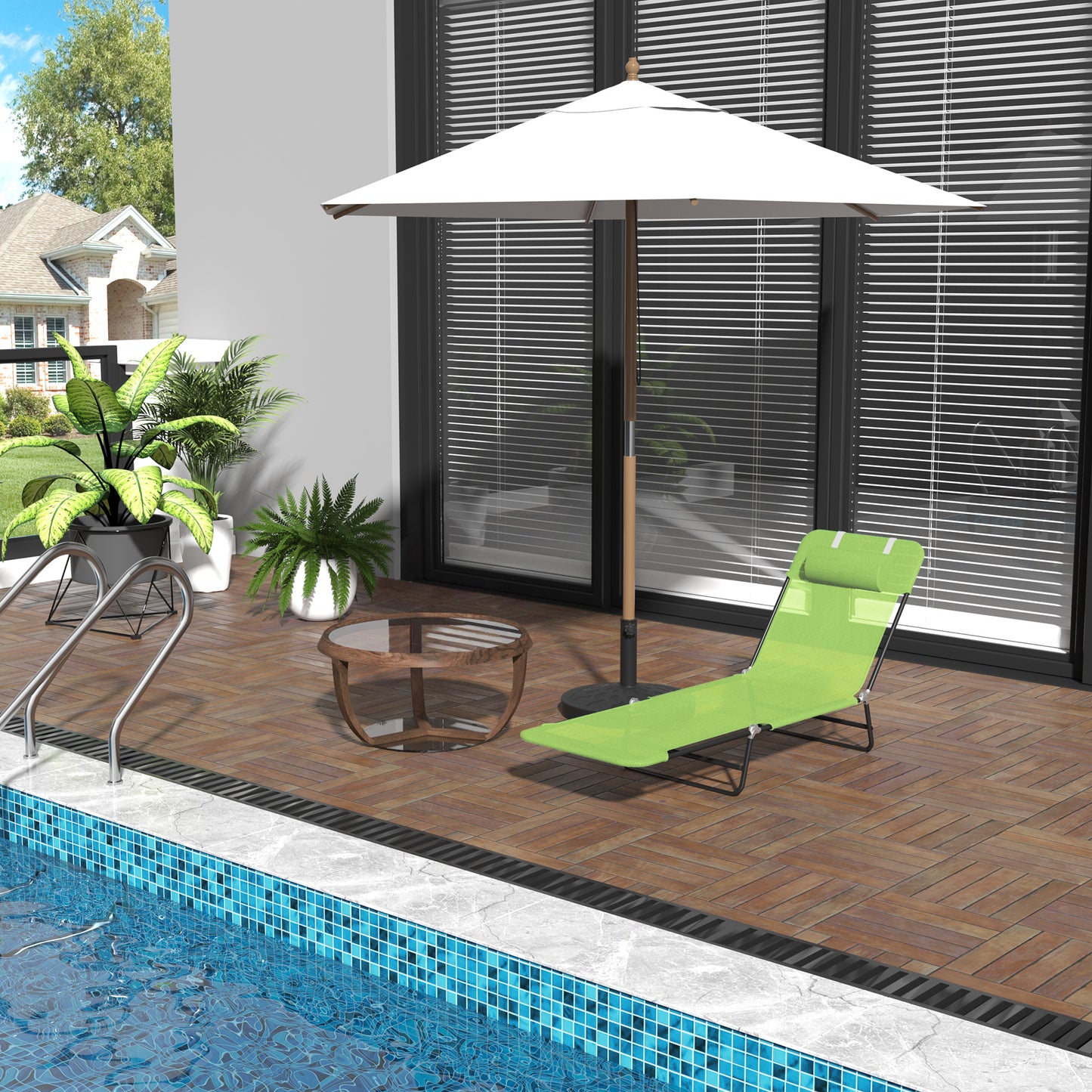 Green Steel Folding Chaise Lounge Chair - Outdoor Pool Sun Chair