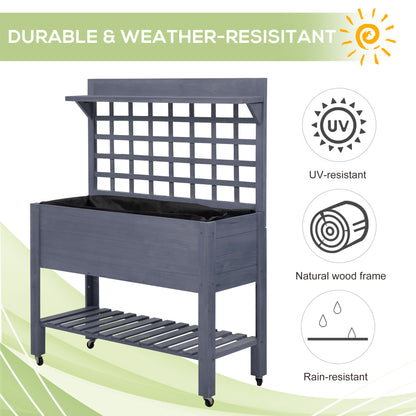 Outsunny 41" Raised Garden Bed with Trellis - Gray Wood Planter Box on Wheels