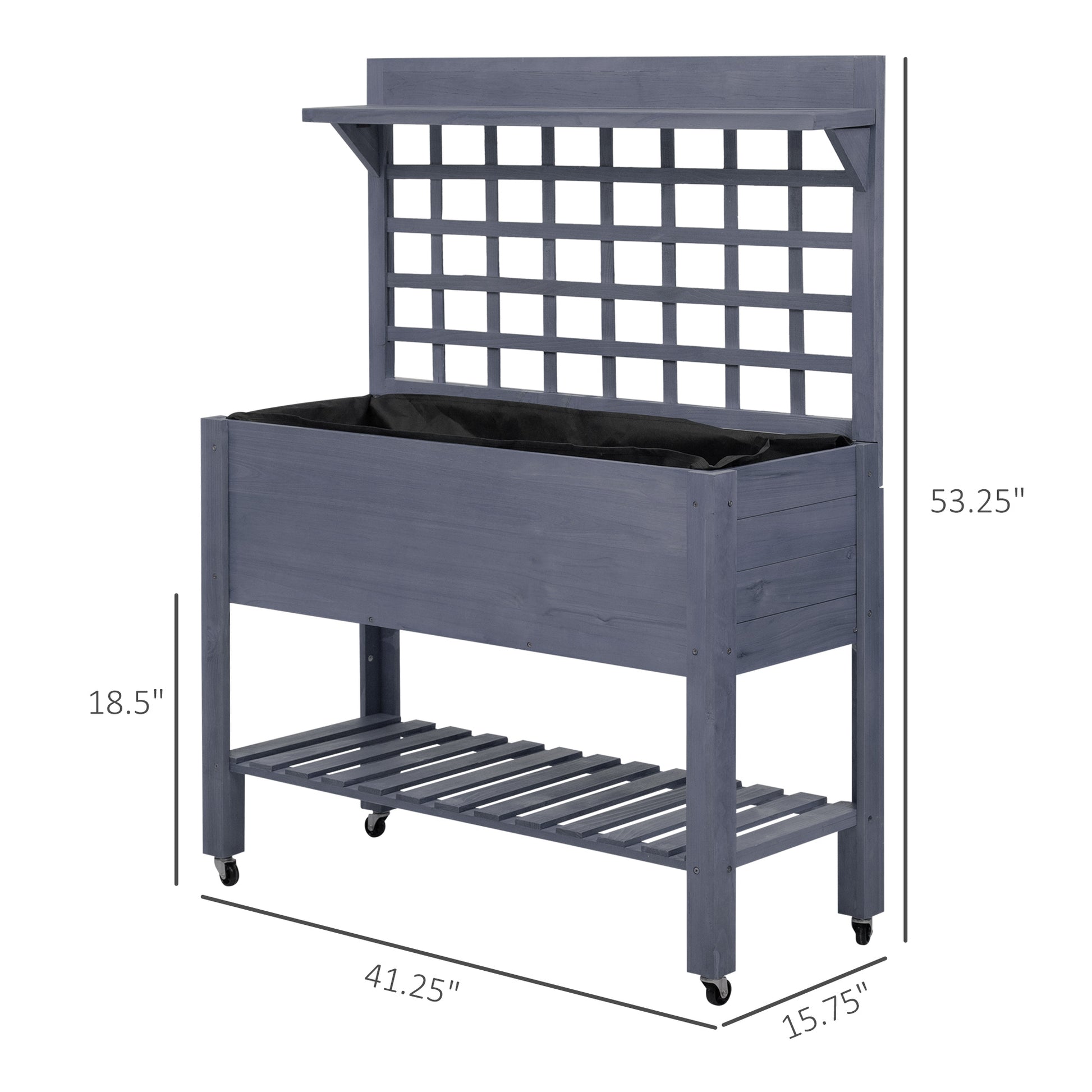 Outsunny 41" Raised Garden Bed with Trellis - Gray Wood Planter Box on Wheels