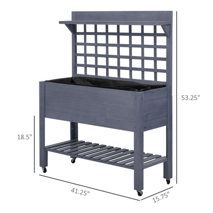 Outsunny 41" Raised Garden Bed with Trellis - Gray Wood Planter Box on Wheels