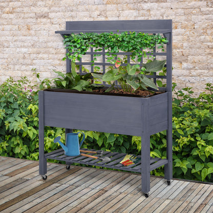 Outsunny 41" Raised Garden Bed with Trellis - Gray Wood Planter Box on Wheels