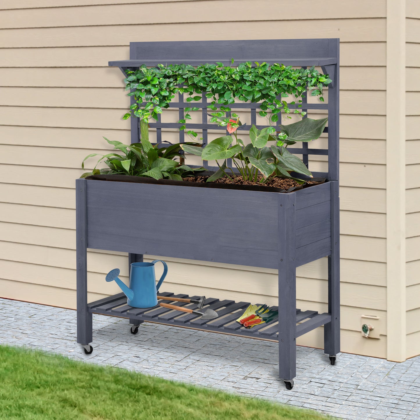 Outsunny 41" Raised Garden Bed with Trellis - Gray Wood Planter Box on Wheels