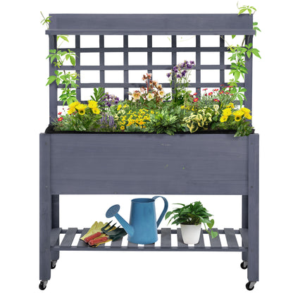 Outsunny 41" Raised Garden Bed with Trellis - Gray Wood Planter Box on Wheels