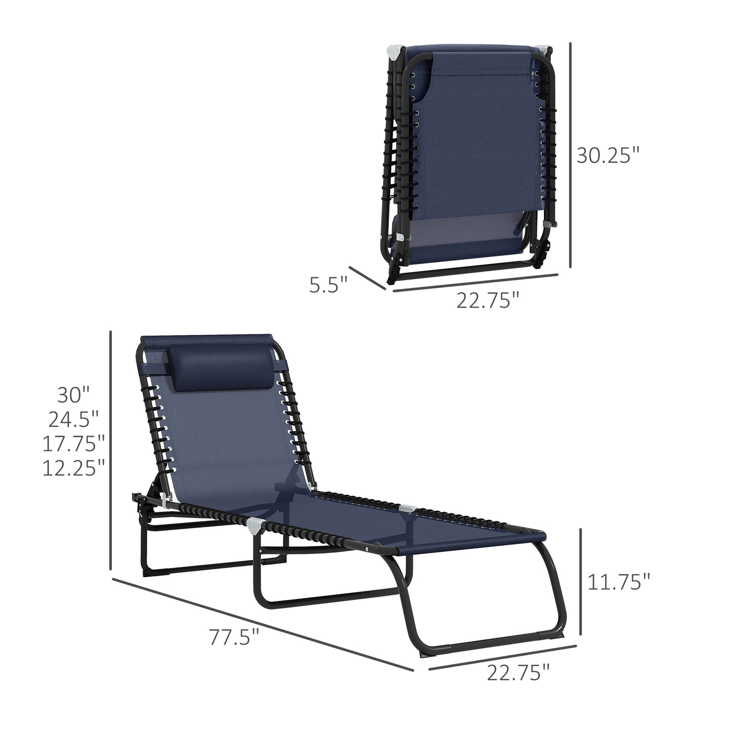Blue Steel Folding Chaise Lounge - Outdoor Patio Sun Chair