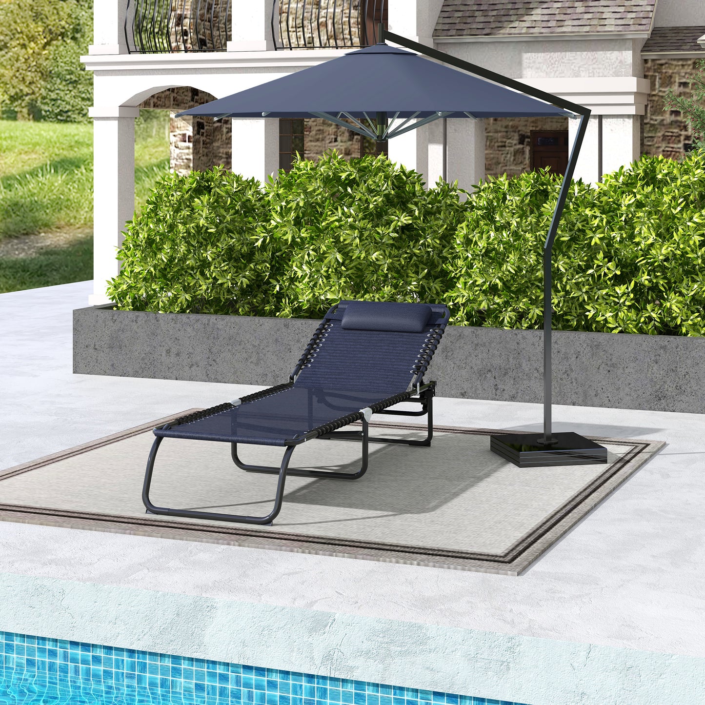 Blue Steel Folding Chaise Lounge - Outdoor Patio Sun Chair