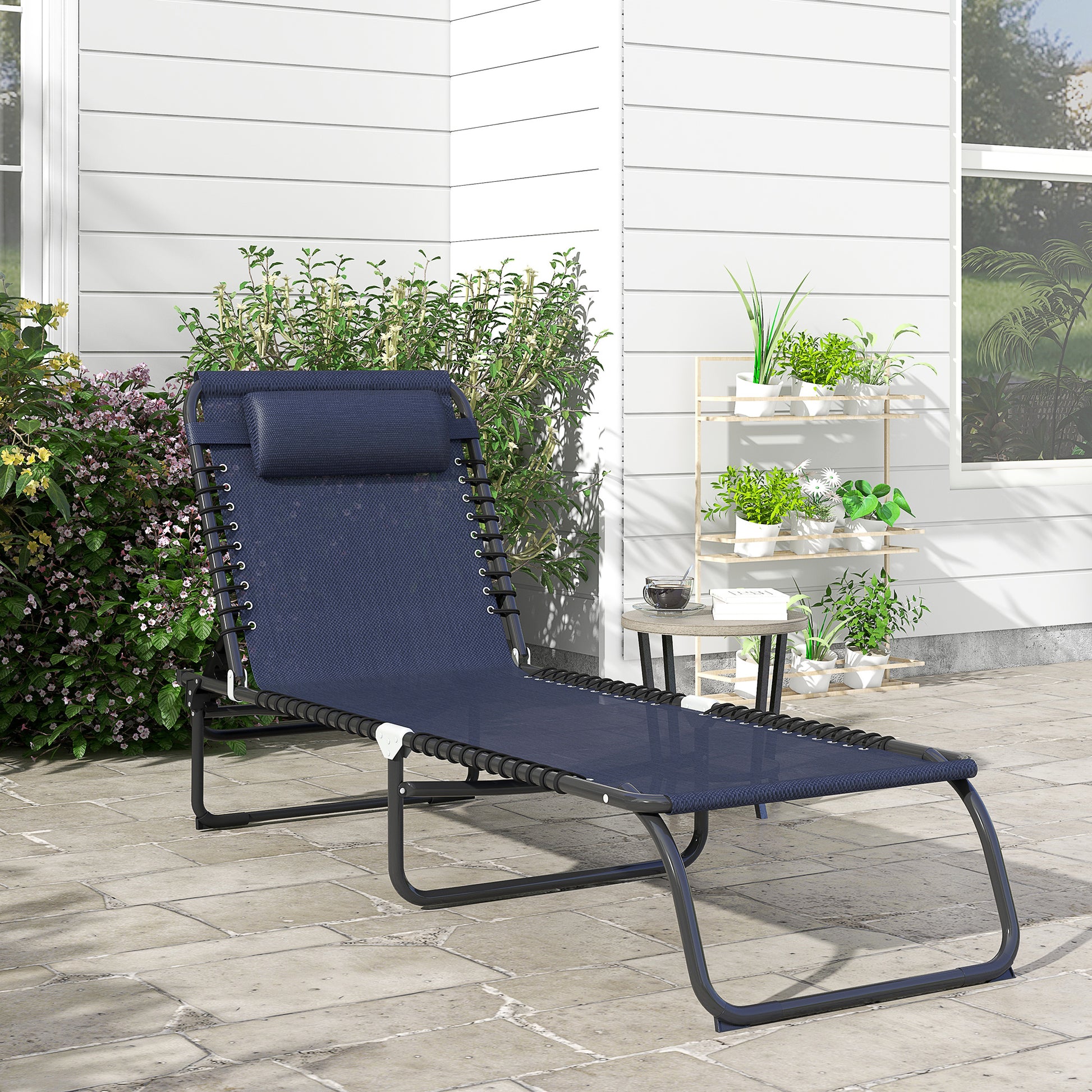 Blue Steel Folding Chaise Lounge - Outdoor Patio Sun Chair