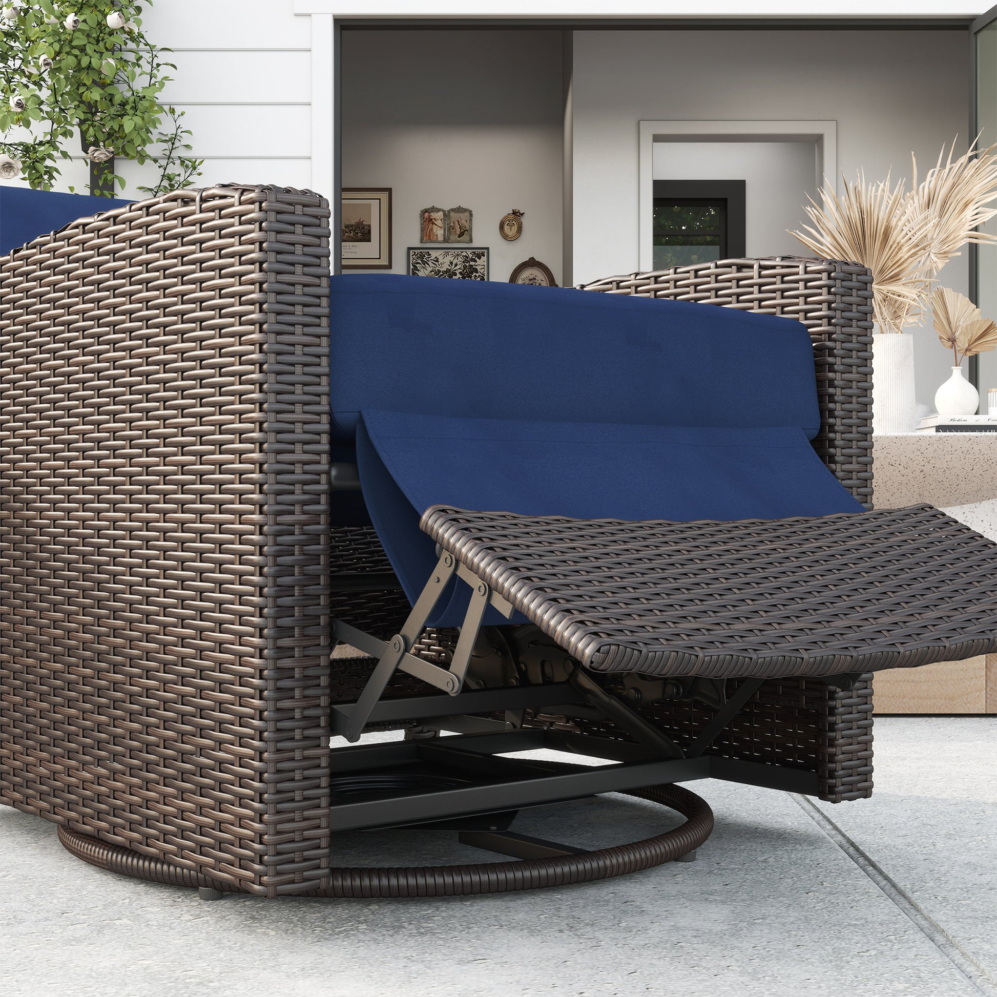 Blue Steel Patio Swivel Recliner - Outdoor Wicker Chair
