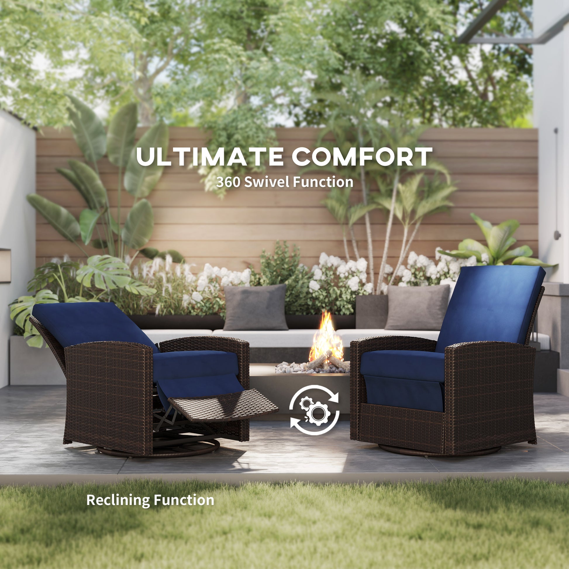 Blue Steel Patio Swivel Recliner - Outdoor Wicker Chair
