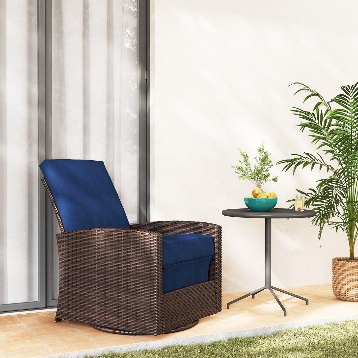 Blue Steel Patio Swivel Recliner - Outdoor Wicker Chair
