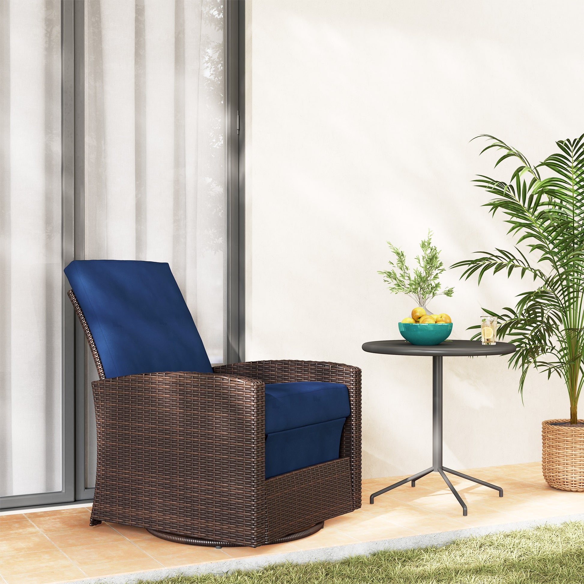 Blue Steel Patio Swivel Recliner - Outdoor Wicker Chair