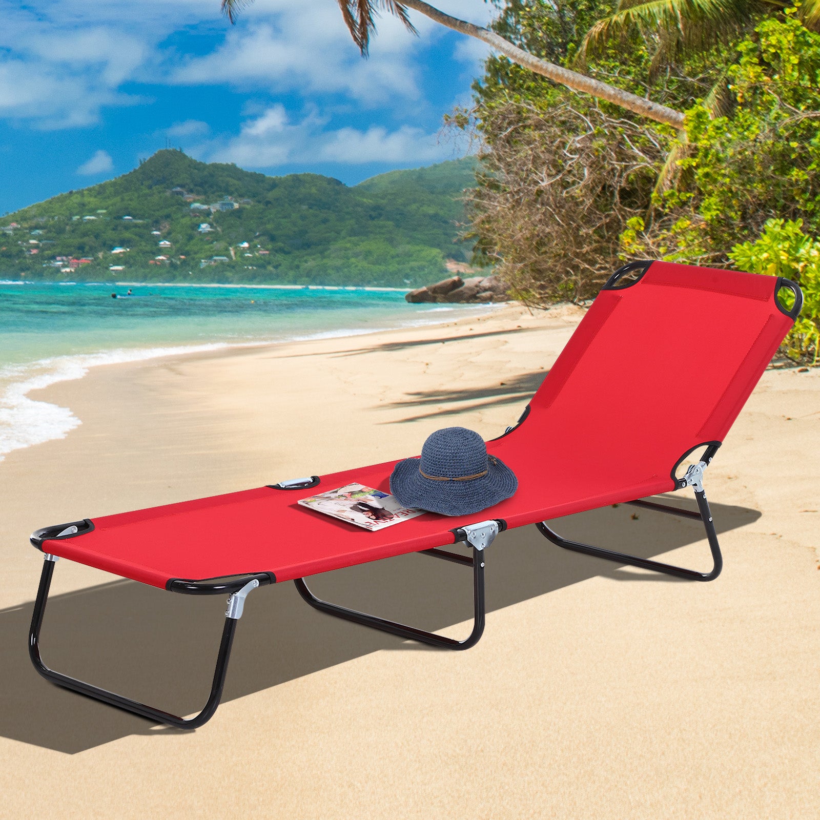 Red Steel Folding Chaise Lounge - Outdoor Patio Seating