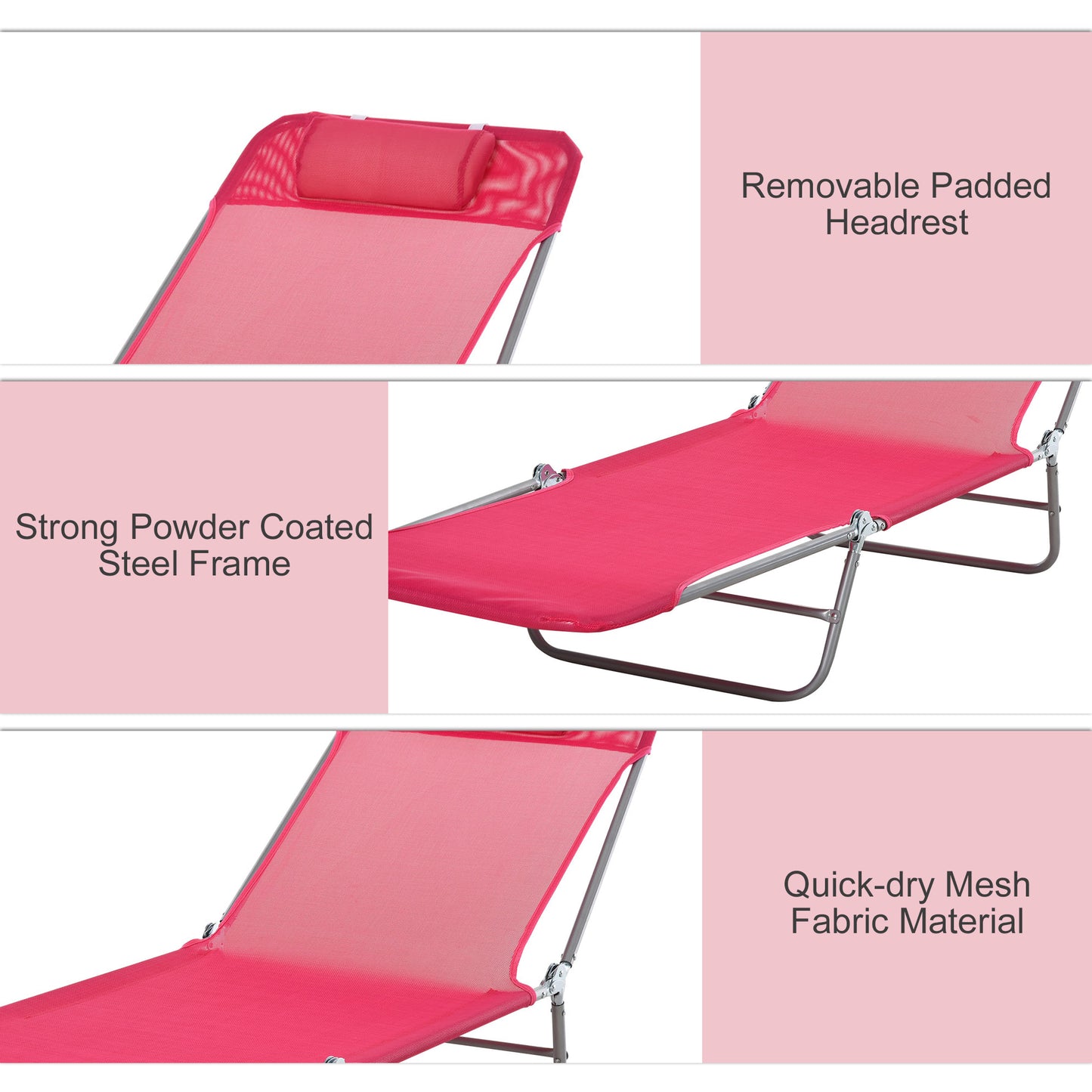Pink Steel Folding Chaise Lounge Chair - Outdoor Pool Sun Chair