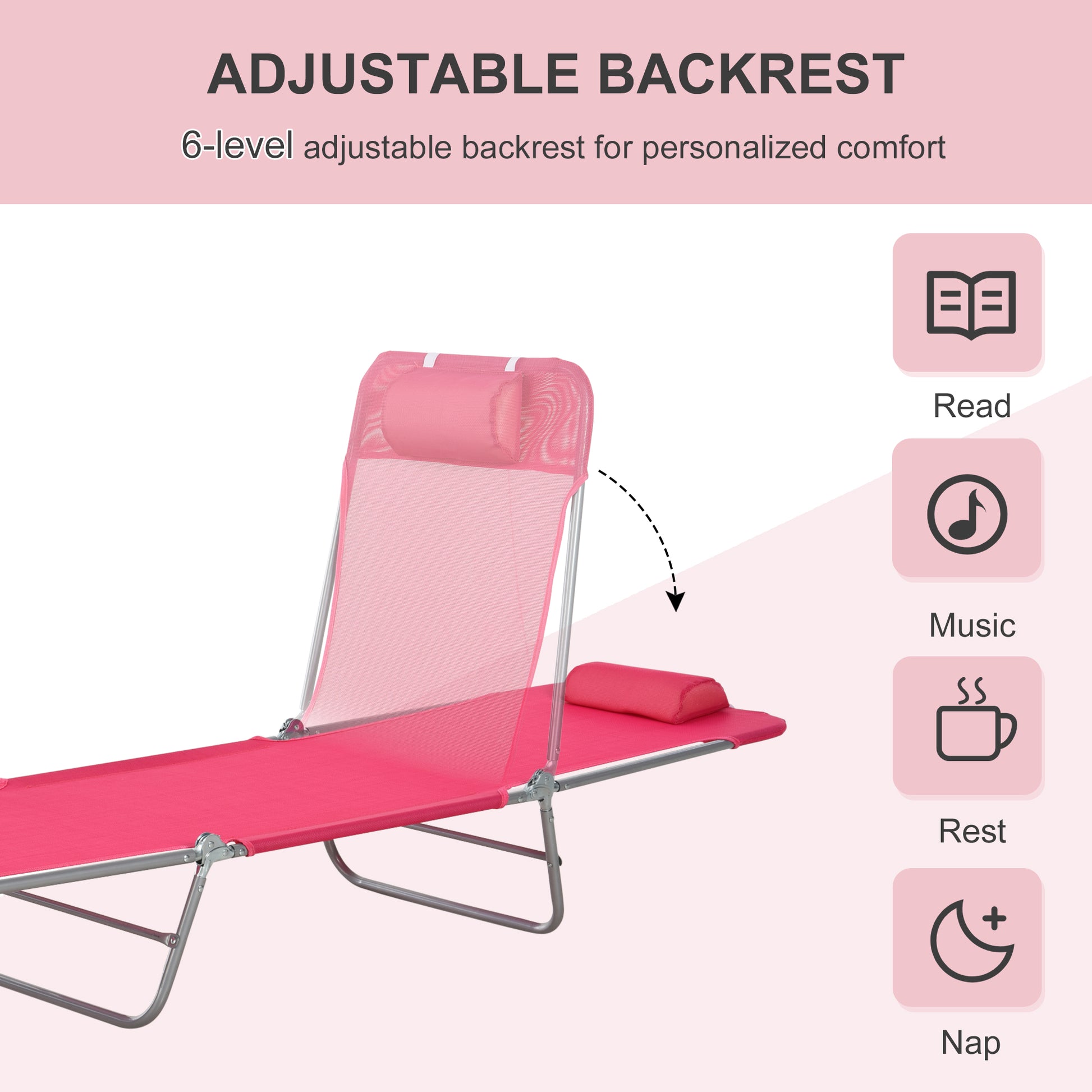 Pink Steel Folding Chaise Lounge Chair - Outdoor Pool Sun Chair