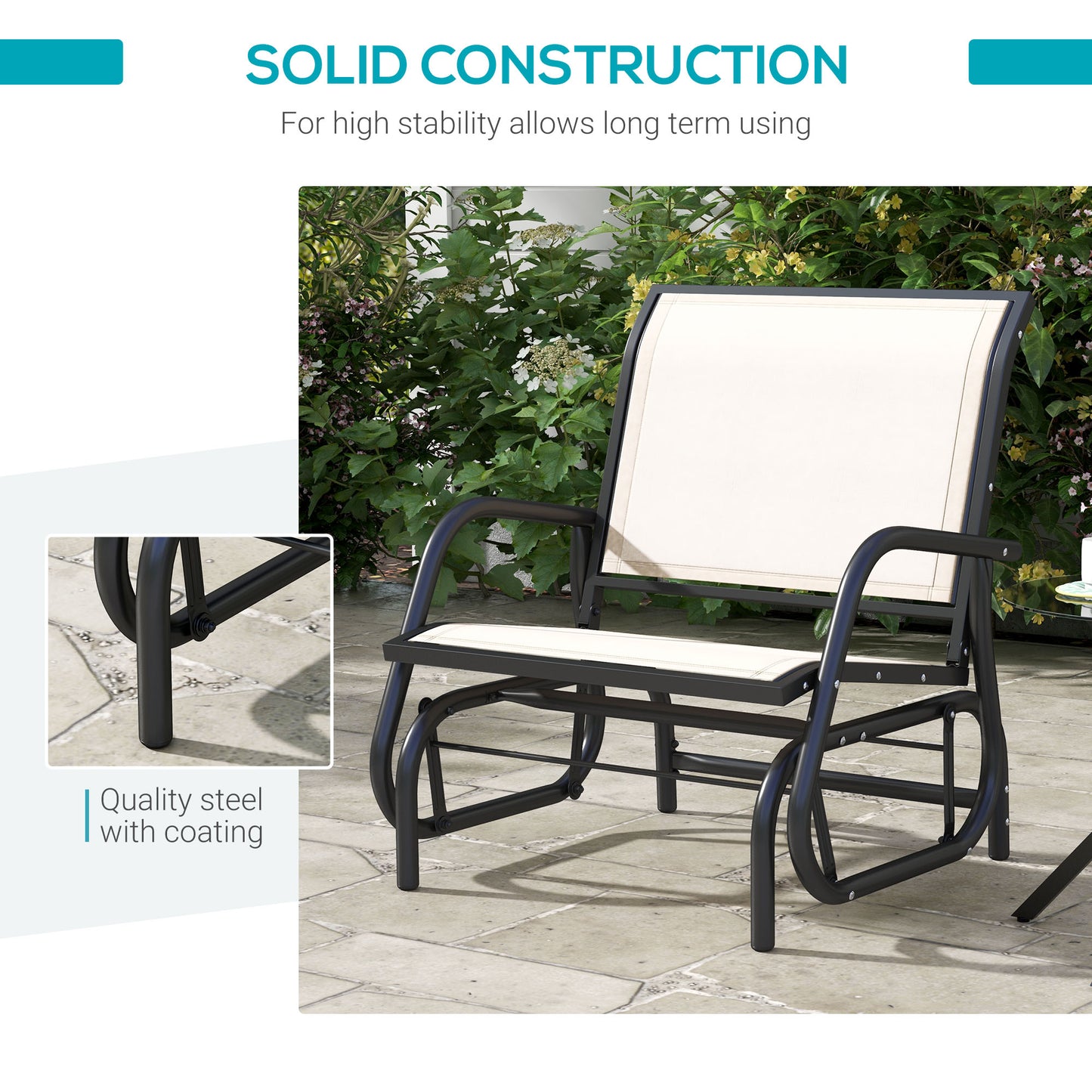 Cream White Steel Patio Glider Chair - Outdoor Rocking Swing