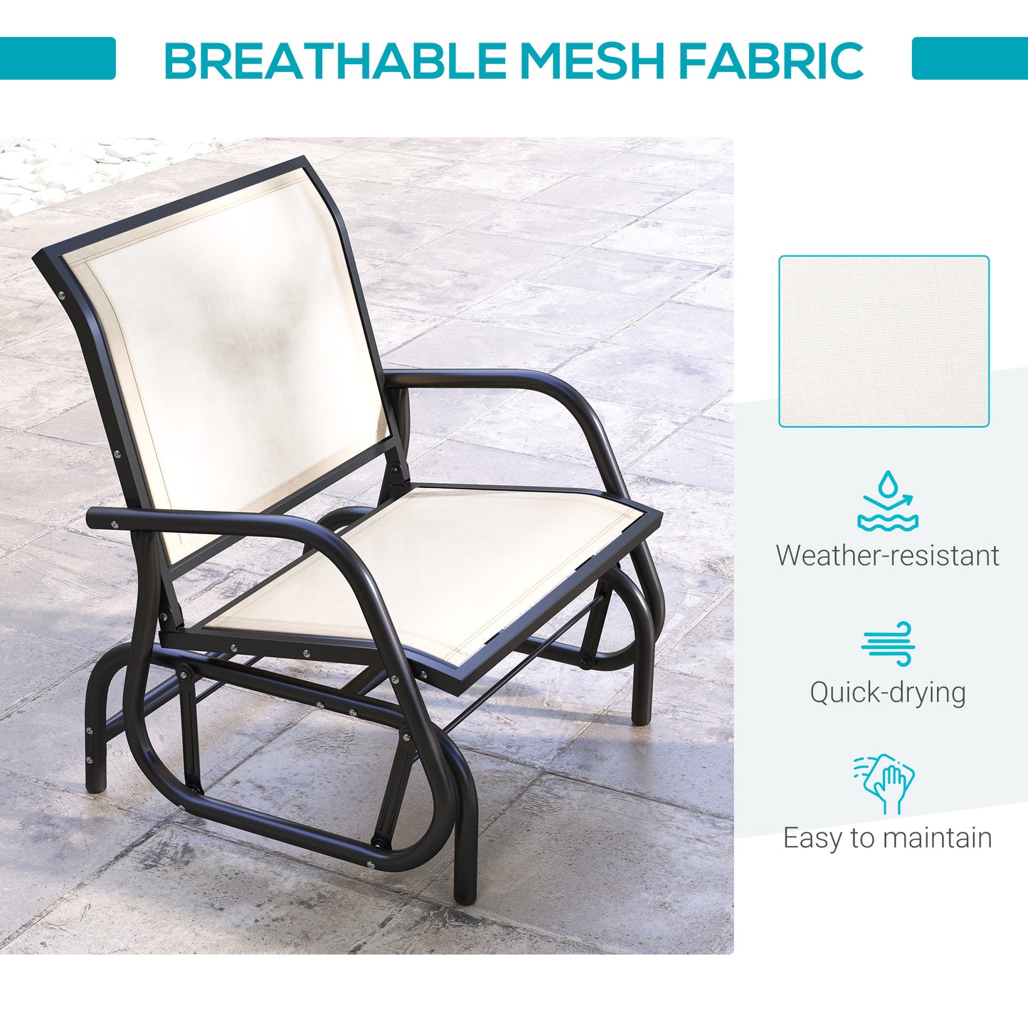 Cream White Steel Patio Glider Chair - Outdoor Rocking Swing
