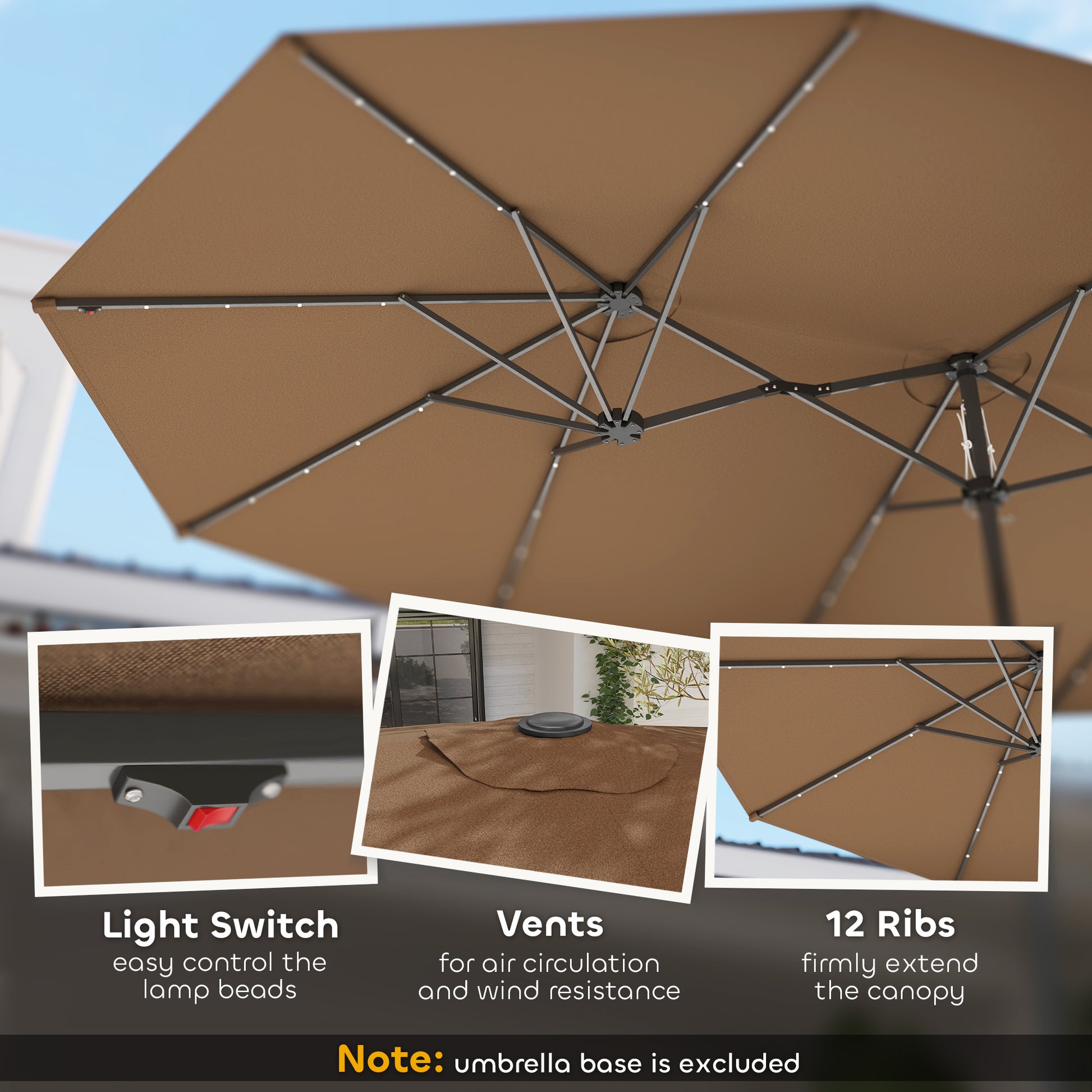 14.8ft Coffee Polyester Solar Umbrella - Outdoor Garden Shade