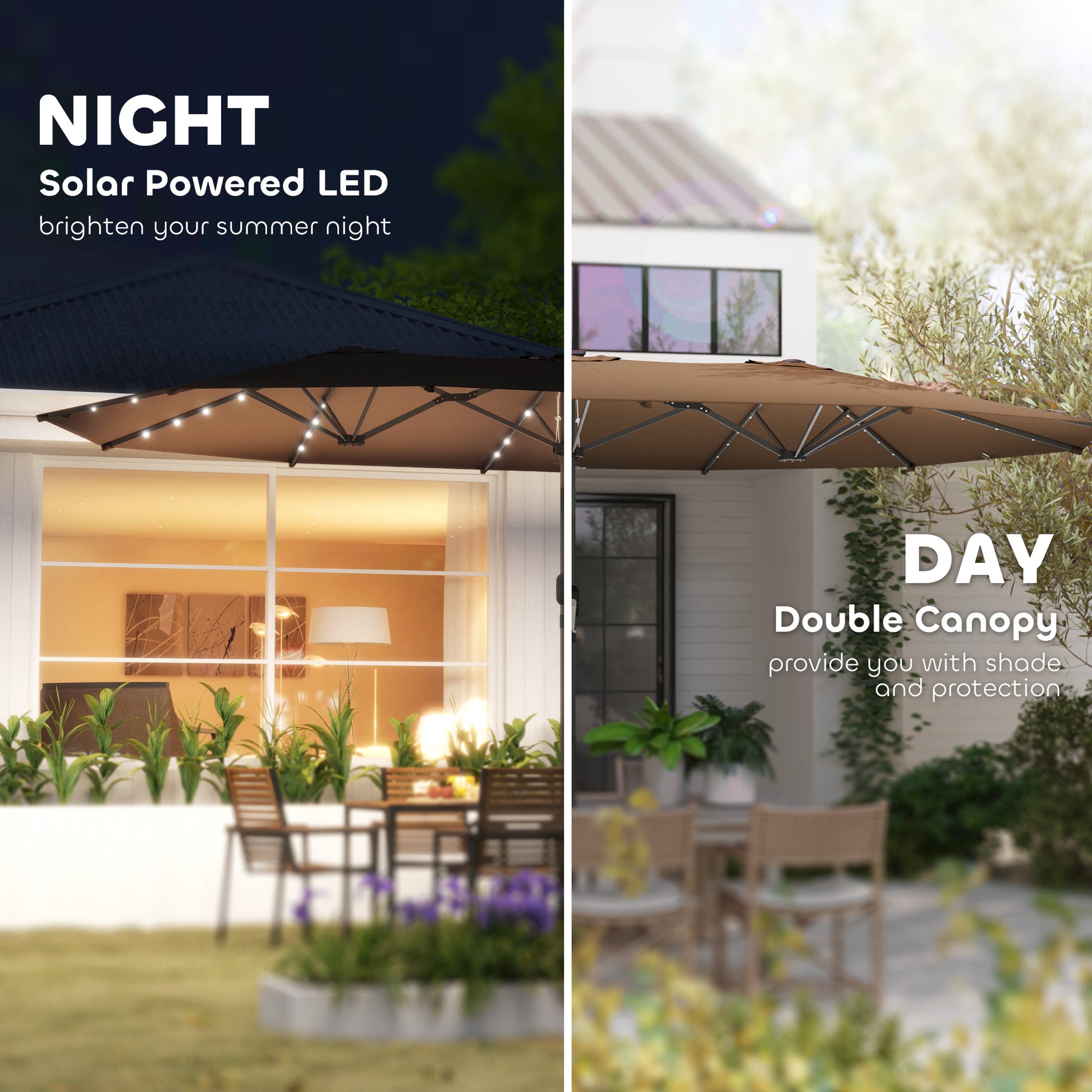 14.8ft Coffee Polyester Solar Umbrella - Outdoor Garden Shade