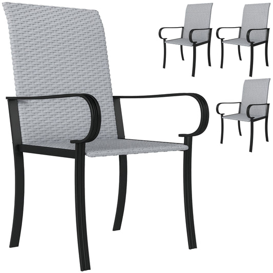 Outsunny Set of 4 Outdoor Wicker Dining Chairs, All-Weather Rattan Armchairs with Armrests, Steel Frame, High Back and Deep Seating, Gray