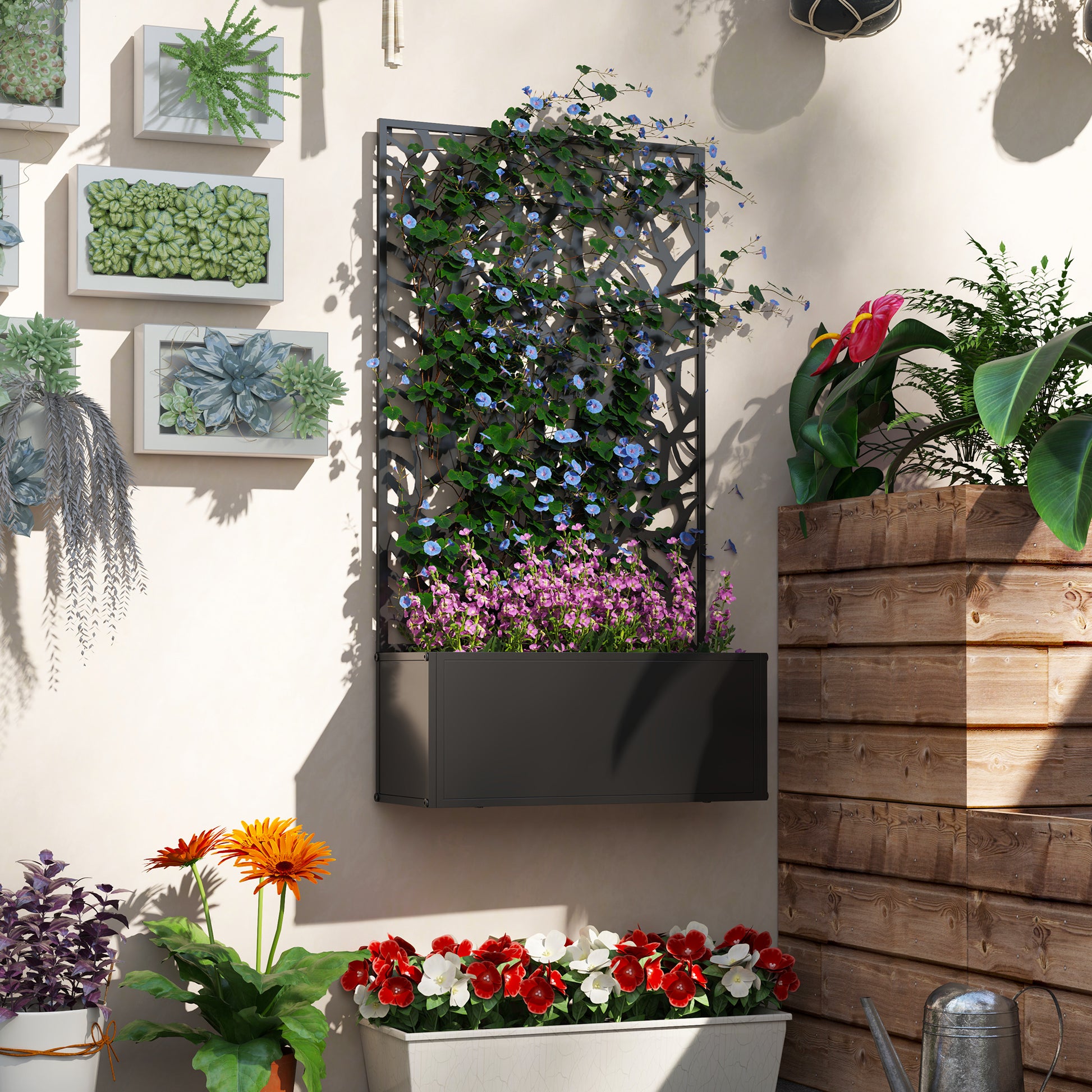 Black Metal Raised Garden Bed with Privacy Panel for Garden Patio
