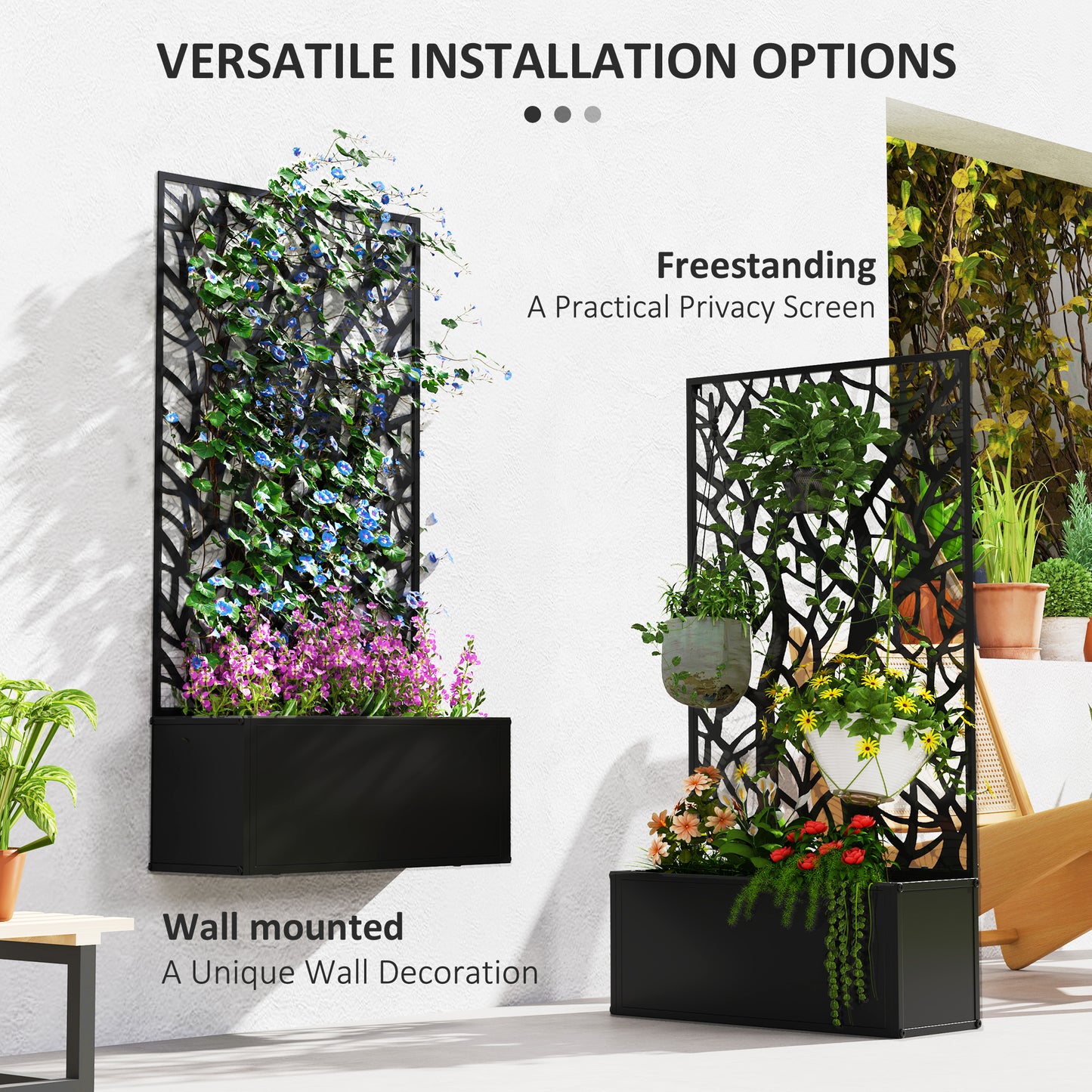 Black Metal Raised Garden Bed with Privacy Panel for Garden Patio