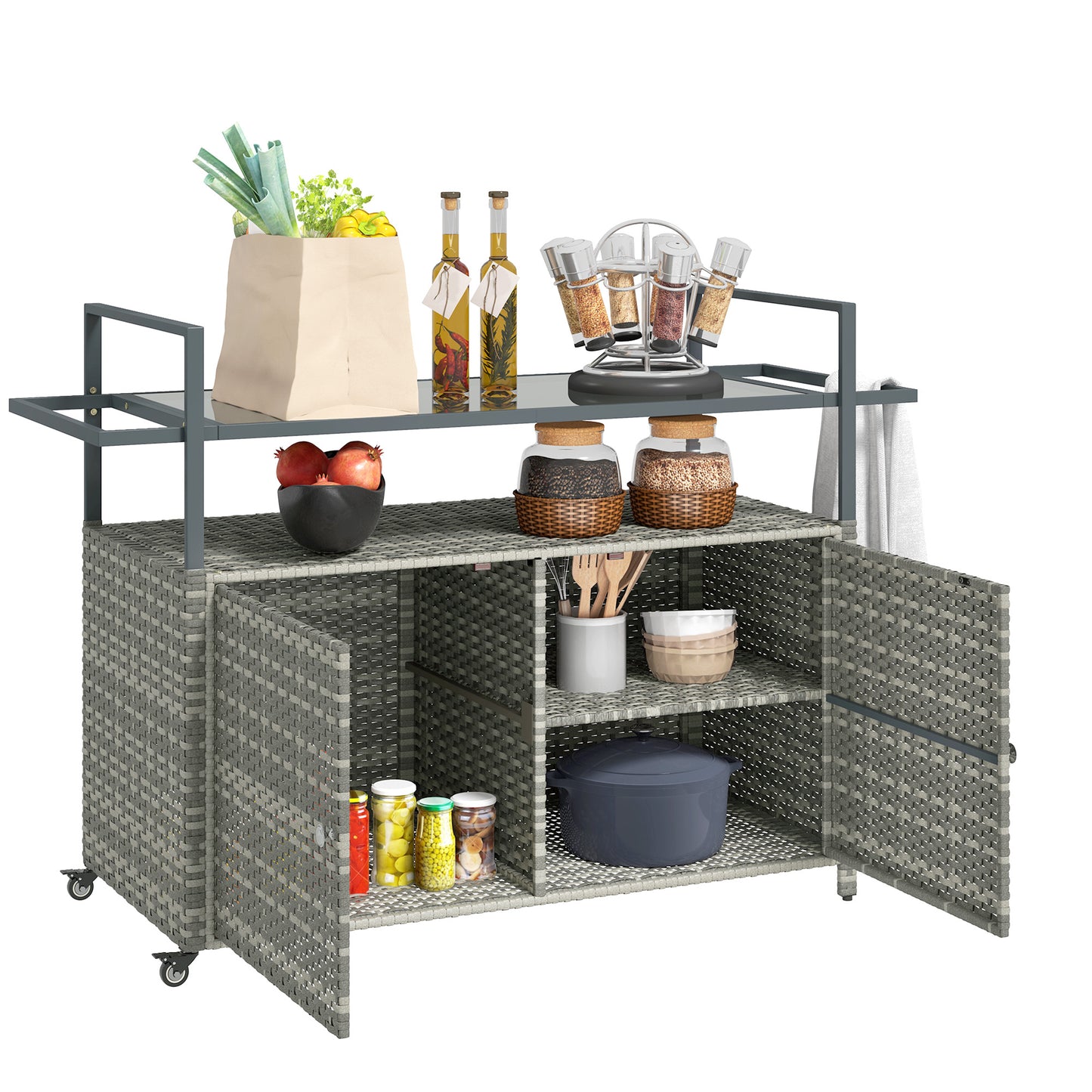 Outsunny Wicker Outdoor Bar Table with 2-Tier Shelf & Cabinet, Mixed Gray