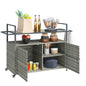Outsunny Wicker Outdoor Bar Table with 2-Tier Shelf & Cabinet, Mixed Gray