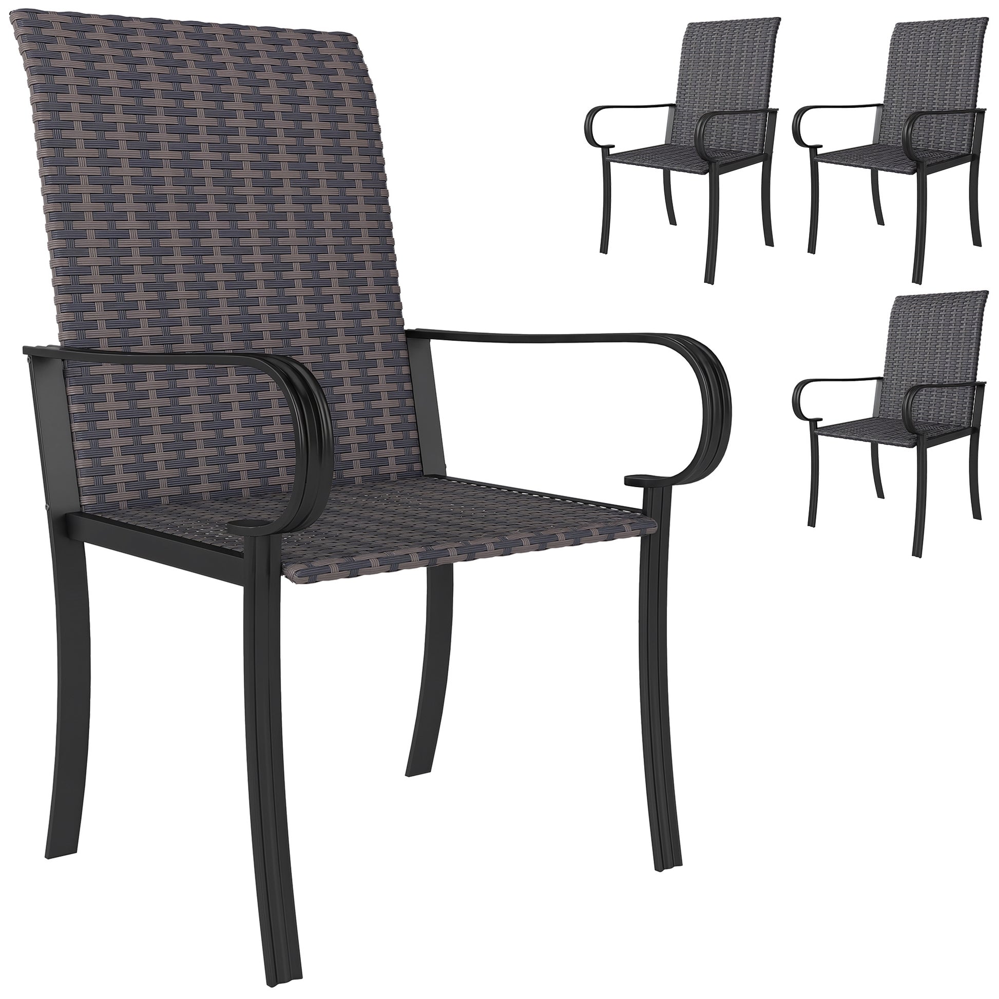 Outsunny Set of 4 Outdoor Wicker Dining Chairs, All-Weather Rattan Armchairs with Armrests, Steel Frame, Highback and Deep Seating, Brown