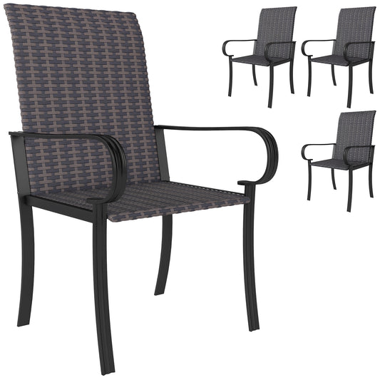 Outsunny Set of 4 Outdoor Wicker Dining Chairs, All-Weather Rattan Armchairs with Armrests, Steel Frame, Highback and Deep Seating, Brown