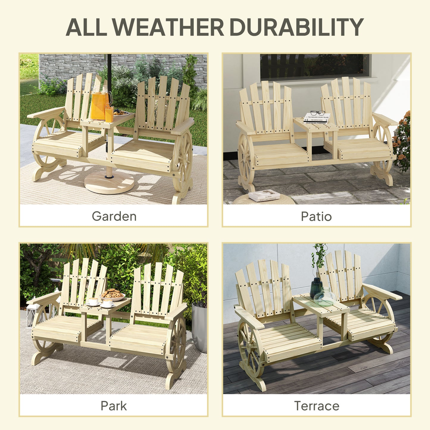 Rustic Wood Garden Bench with Table for Patio Seating and Storage