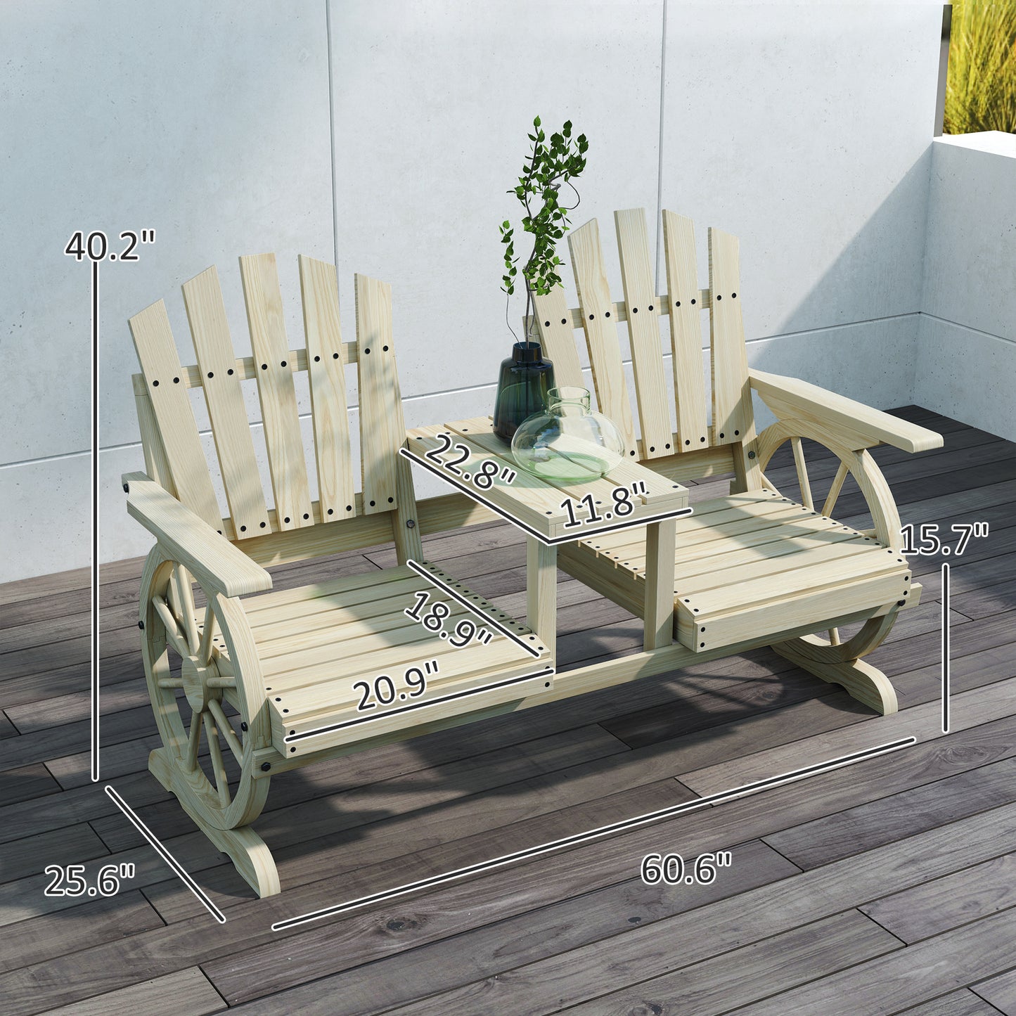 Rustic Wood Garden Bench with Table for Patio Seating and Storage