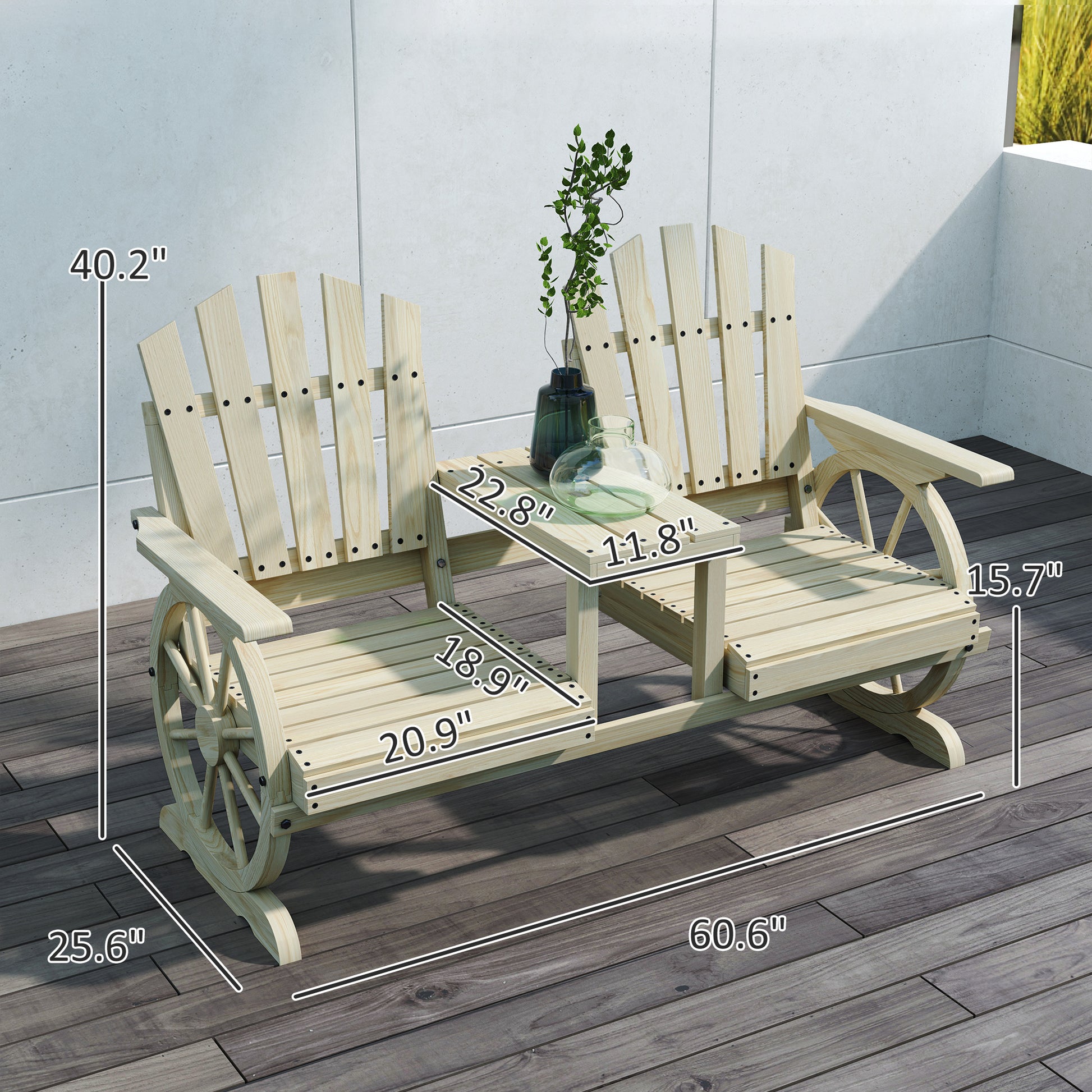 Rustic Wood Garden Bench with Table for Patio Seating and Storage