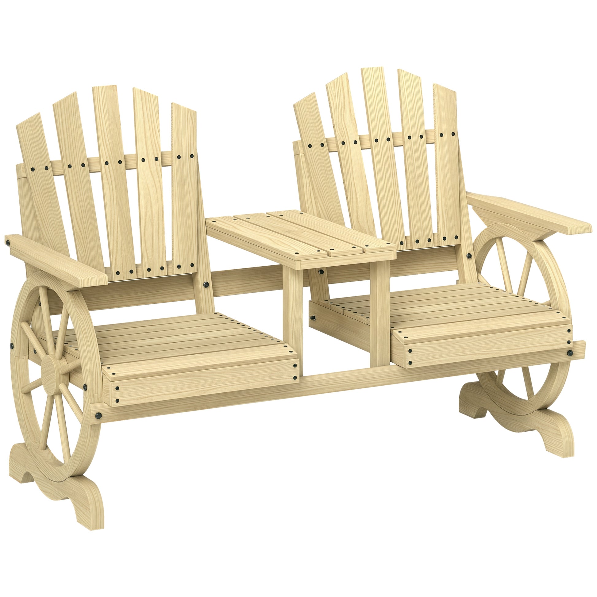 Outsunny Wooden Garden Bench with Table, Umbrella Hole, 2-Seat Wagon Wheel Outdoor Bench, High Backrest, Armrests for Backyard, Patio, Natural Wood