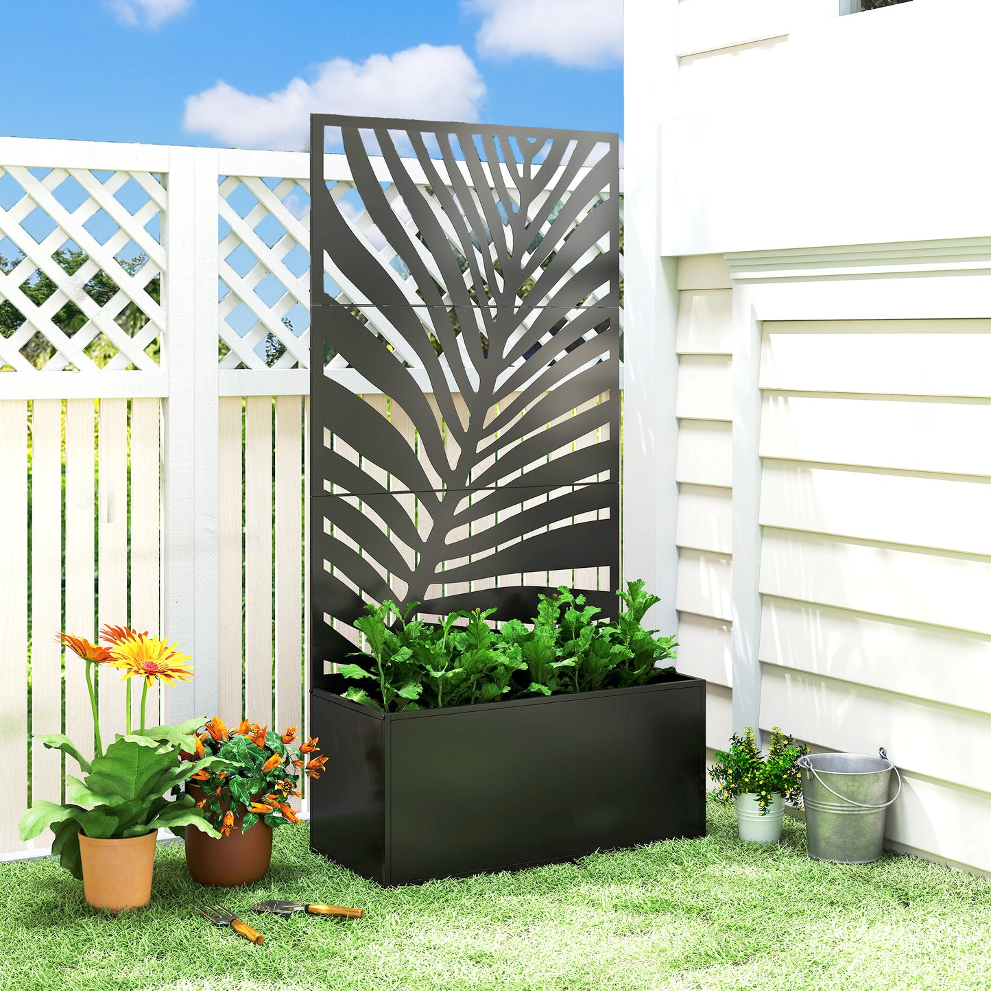 Outsunny Metal Planter Box with Trellis - Weather-Resistant Privacy Planter