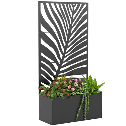 Outsunny Metal Planter Box with Trellis, Raised Garden Bed with Privacy Screen for Climbing Plants, Leaf Cut-Out Privacy Planter
