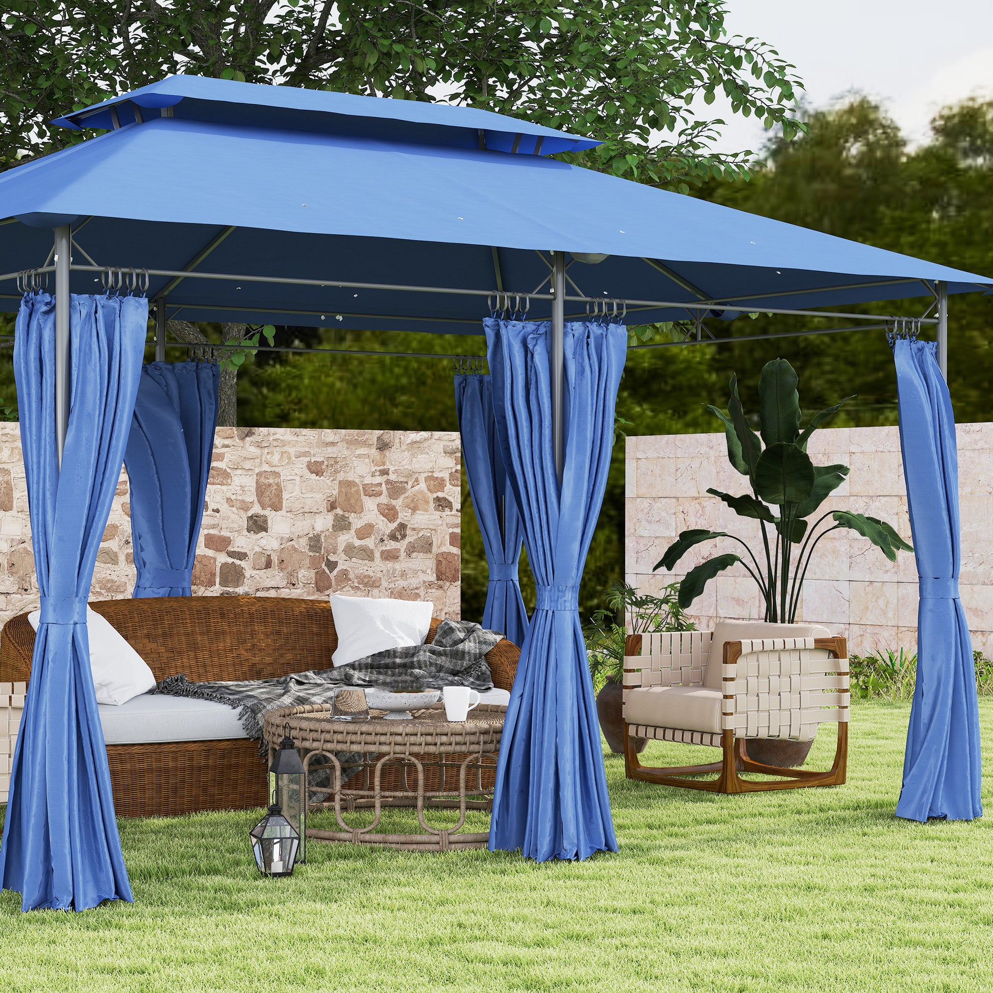10' x 13' Blue Metal Gazebo with Curtains - Outdoor Patio Shade