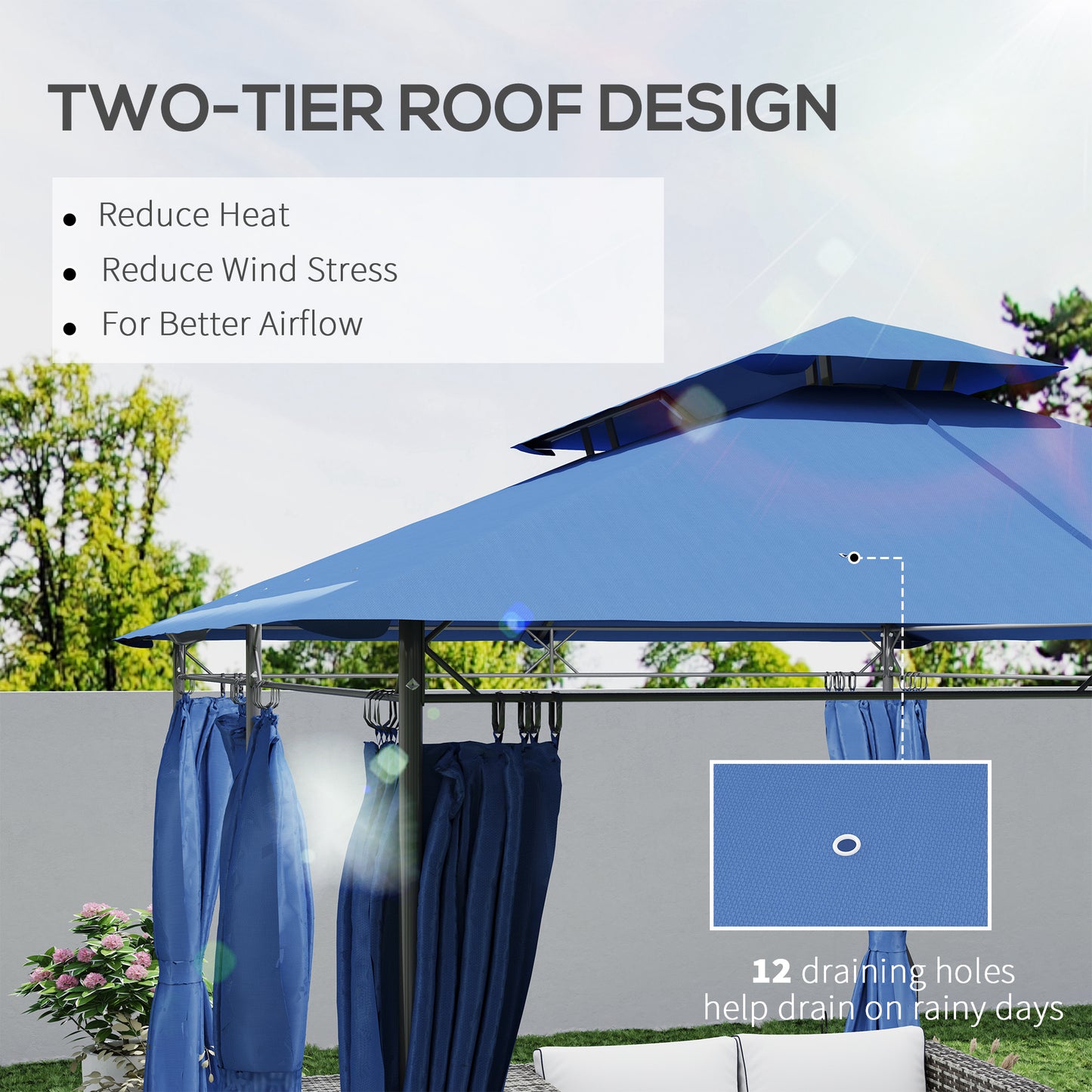 10' x 13' Blue Metal Gazebo with Curtains - Outdoor Patio Shade