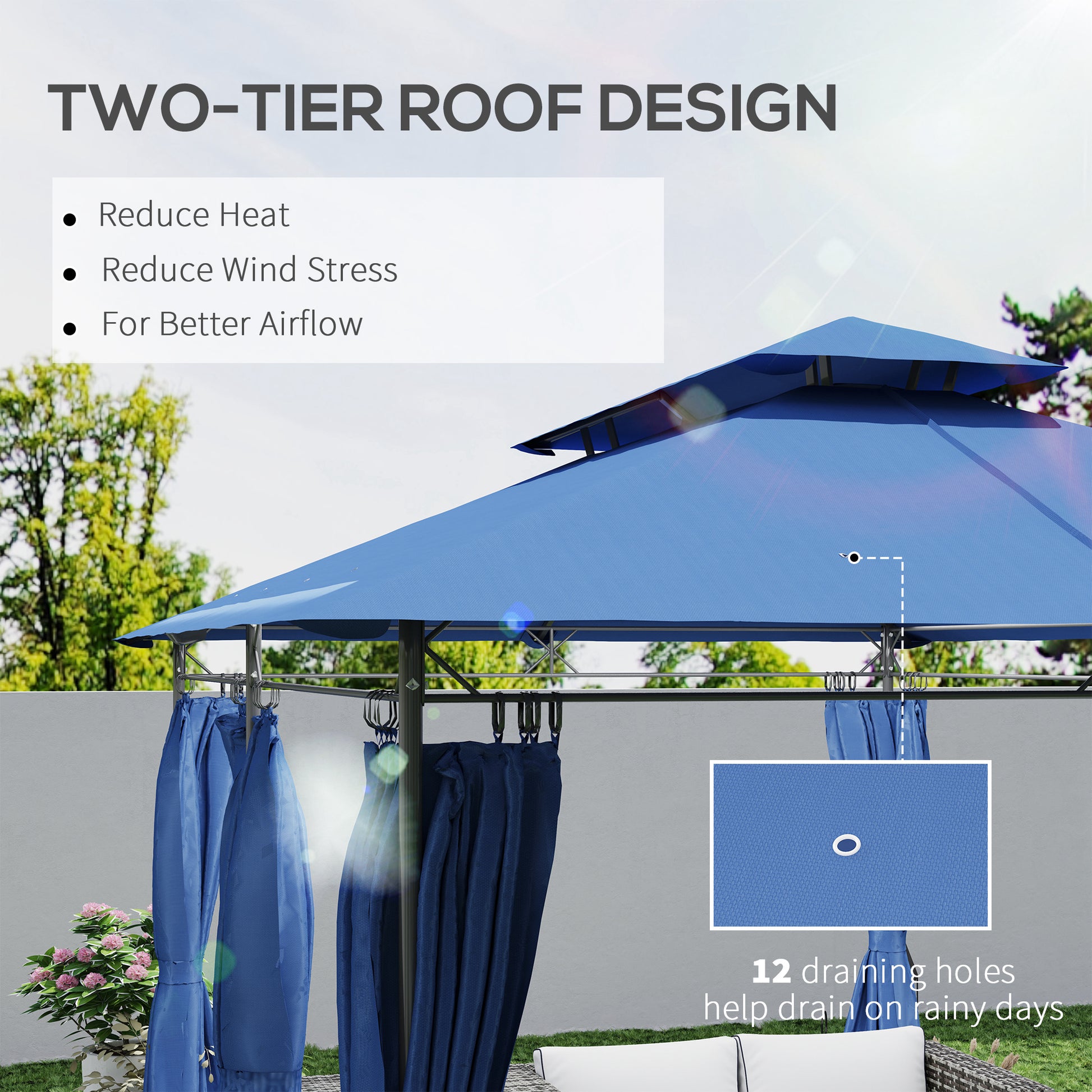 10' x 13' Blue Metal Gazebo with Curtains - Outdoor Patio Shade