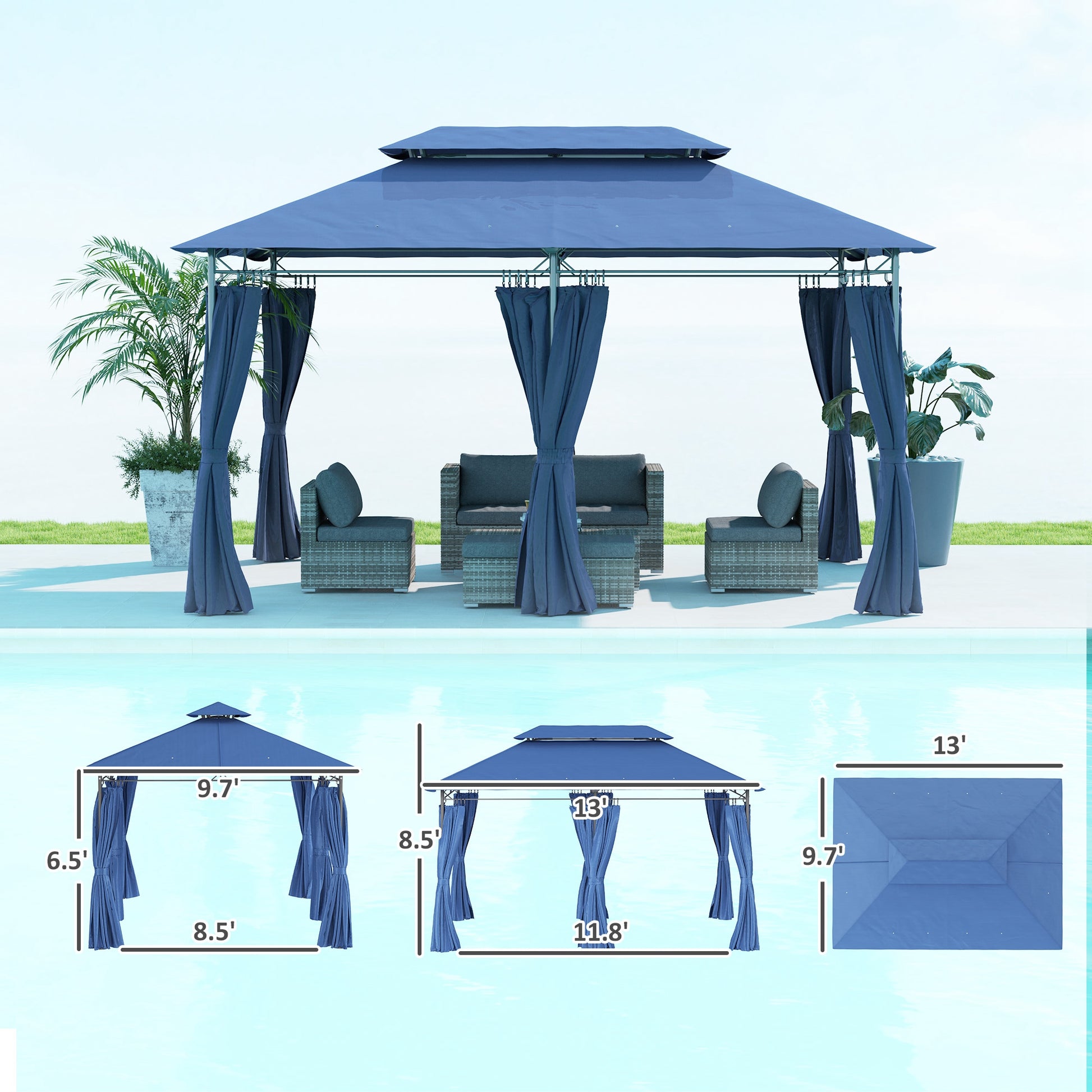 10' x 13' Blue Metal Gazebo with Curtains - Outdoor Patio Shade