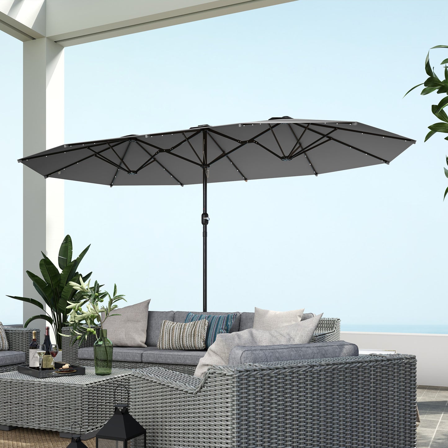Large Grey Patio Umbrella with Solar LED Lights