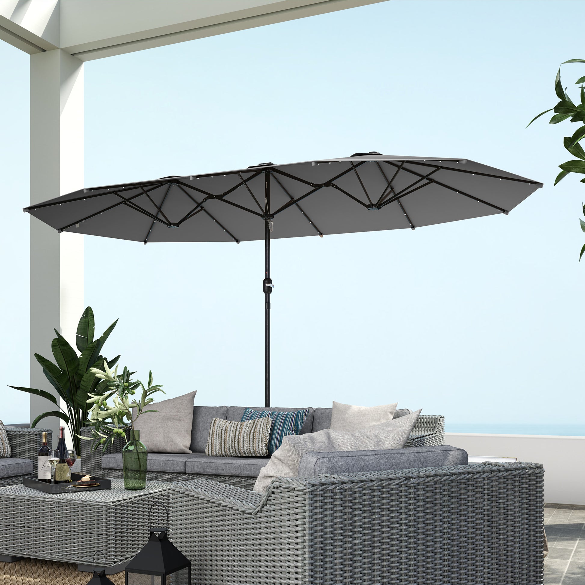 Large Grey Patio Umbrella with Solar LED Lights