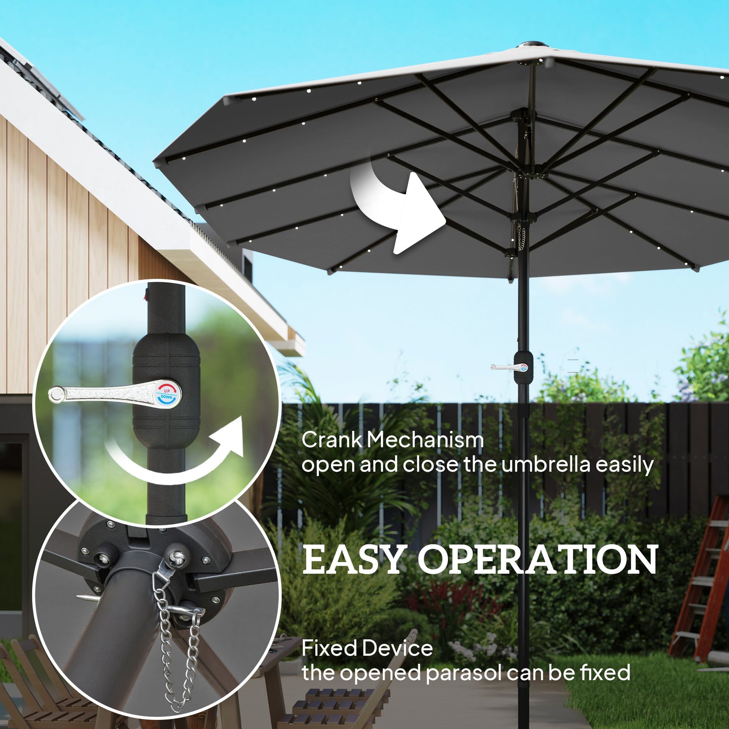 Large Grey Patio Umbrella with Solar LED Lights