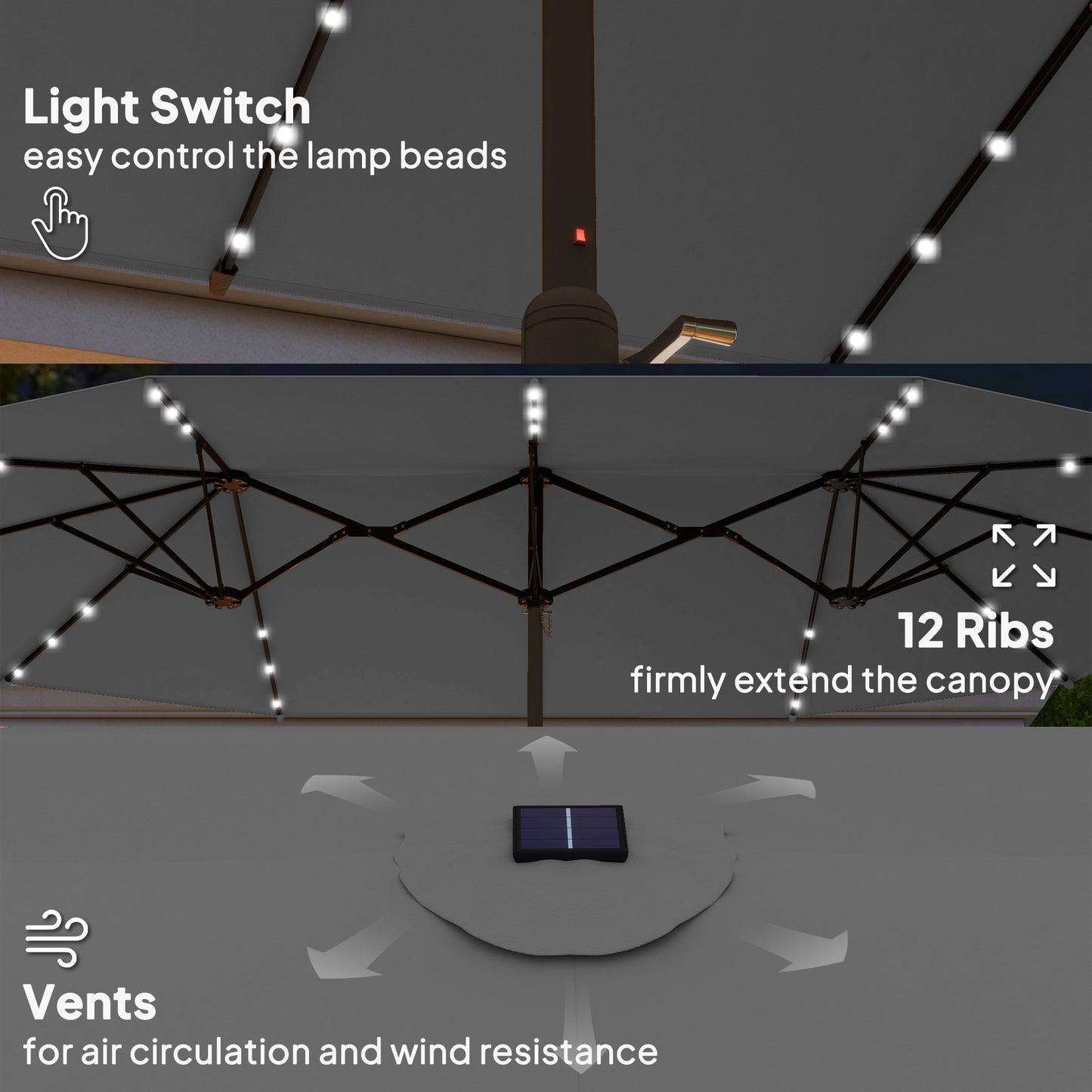 Large Grey Patio Umbrella with Solar LED Lights