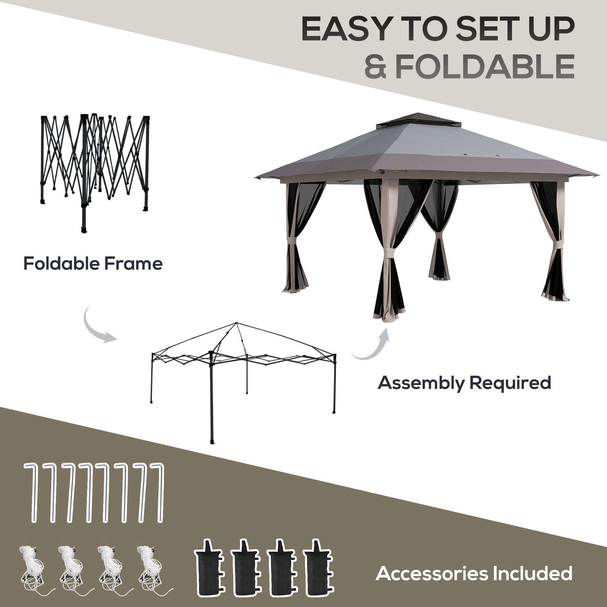 13' x 13' Light Grey Steel Pop Up Gazebo Tent with Netting