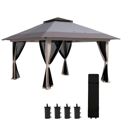 Outsunny 13' x 13' Pop Up Canopy, Gazebo Tent with Netting, Weight Bags, Adjustable Height & Wheeled Carry Bag, Light Gray