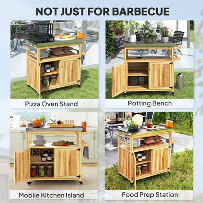 Outdoor Grill Cart with Wood Table & Steel Frame - Storage Island