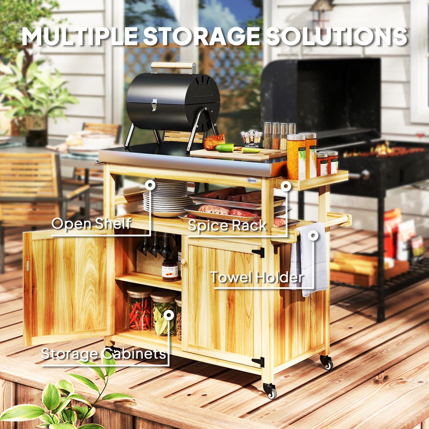 Outdoor Grill Cart with Wood Table & Steel Frame - Storage Island
