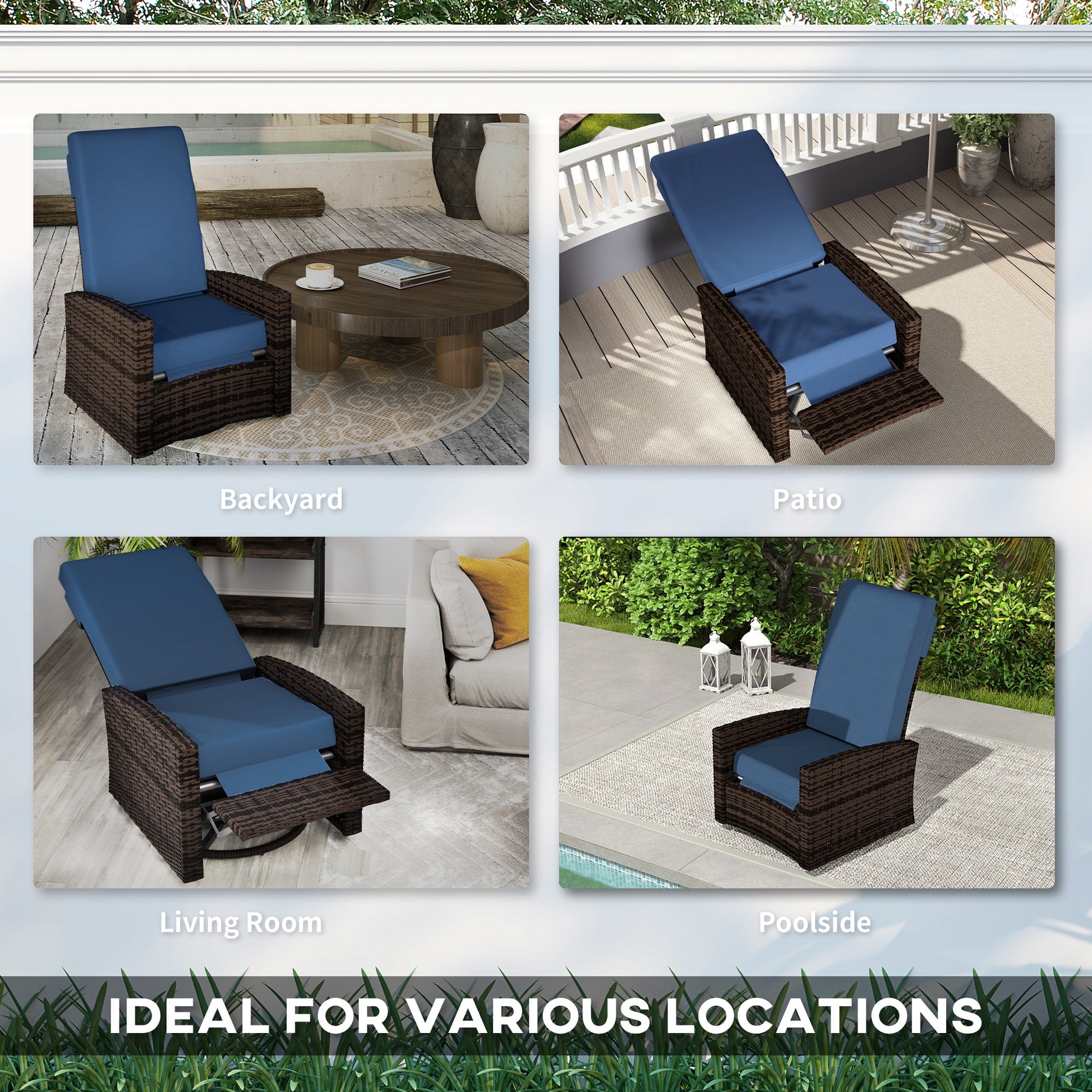 Blue Rattan Outdoor Swivel Recliner - Patio Furniture